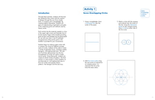 Activity 1
                                                                                                                                   paper,
                                                                                                                                   straightedge,
     Introduction                                        Seven Overlapping Circles
                                                                                                                                   compass,
                                                                                                                                   marker
     Through these activities, students will discover
     the satisfaction that comes with the creation
     of designs through the use of two simple
     tools—a compass and a straightedge. By              1. Using a straightedge, draw       2. Make a circle with the compass
     creating patterns themselves, students will            a horizontal line near the          point placed near the center of
     gain an understanding of geometric principles          center of the paper.                the line. Using the intersection
     of the underlying grids and methods used by                                                points as new compass points,
     Islamic artists.                                                                           draw a circle on either side of
                                                                                                the first circle.
     Each activity lists the materials needed in a box
     in the upper right corner and illustrates how to
     do the activity. Pages of this booklet providing
     grids and the circle template may be photocopied
     for use with your class. A set of overhead
     transparencies of the activity grids in this
     booklet is provided for your convenience.

     Students begin by making single circles with
     a compass. By using two different arrange-
     ments of circles, students will be able to create
     a variety of geometric forms, including rosettes,
     hexagons, and eight-pointed stars. The next
     set of activities demonstrates how the two
     arrangements of circles are used to create
     various grids. Using these grids, students can
     create an infinite variety of patterns. The final
     activity is a class project in which students cut
     and decorate six- and eight-pointed stars to        3. Add four more circles using
     form two of the most popular Islamic                   the new points of intersection
     patterns—the hexagon and the star-cross.               as compass points. It is
                                                            important that all circles
                                                            have the same radius.




20                                                                                                                                                 21
 