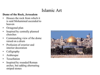 Islamic ArchitectureBuilt to accommodate as many worshippers as possible in prostrate position: Communal PrayerNo elaborate ritual with a center of visual attention (like an altar)Emphasizes horizontality as opposed to verticality (Christian Churches). Roofed part held up by a combination of arches/columns called a hypostyle hall.Worshipers face Mecca. Wall opposite entrance faces Mecca (quibla).Quibla usually marked by a niche (often domed) called a mihrab.Ornamentation prohibits use of graven images (no 3-D forms of humans or animals)Decorations utilize patterns of:	1. Geometric figures	2. Intertwining plant forms	3. Calligraphy of Arabic quotations from Quran.Exterior has at least one minaret, up which the muezzin climbs to call for prayer.