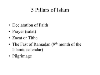 5 Pillars of IslamDeclaration of FaithPrayer (salat)Zacat or TitheThe Fast of Ramadan (9th month of the Islamic calendar)Pilgrimage