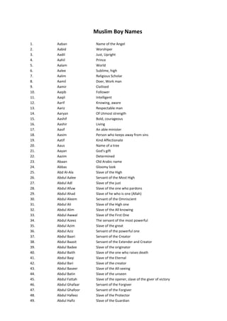 Muslim Boy Names
1.    Aaban           Name of the Angel
2.    Aabid           Worshiper
3.    Aadil           Just, Uprig...