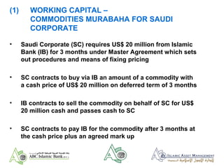 (1) WORKING CAPITAL –
COMMODITIES MURABAHA FOR SAUDI
CORPORATE
• Saudi Corporate (SC) requires US$ 20 million from Islamic
Bank (IB) for 3 months under Master Agreement which sets
out procedures and means of fixing pricing
• SC contracts to buy via IB an amount of a commodity with
a cash price of US$ 20 million on deferred term of 3 months
• IB contracts to sell the commodity on behalf of SC for US$
20 million cash and passes cash to SC
• SC contracts to pay IB for the commodity after 3 months at
the cash price plus an agreed mark up
 
