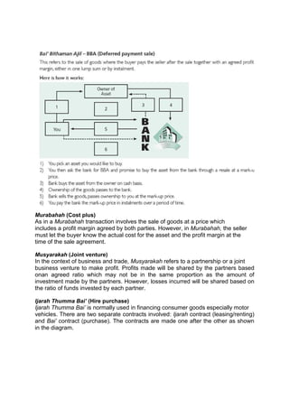 Murabahah (Cost plus)
As in a Murabahah transaction involves the sale of goods at a price which
includes a profit margin agreed by both parties. However, in Murabahah, the seller
must let the buyer know the actual cost for the asset and the profit margin at the
time of the sale agreement.
Musyarakah (Joint venture)
In the context of business and trade, Musyarakah refers to a partnership or a joint
business venture to make profit. Profits made will be shared by the partners based
onan agreed ratio which may not be in the same proportion as the amount of
investment made by the partners. However, losses incurred will be shared based on
the ratio of funds invested by each partner.
Ijarah Thumma Bai’ (Hire purchase)
Ijarah Thumma Bai’ is normally used in financing consumer goods especially motor
vehicles. There are two separate contracts involved: Ijarah contract (leasing/renting)
and Bai’ contract (purchase). The contracts are made one after the other as shown
in the diagram.
 