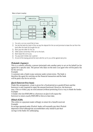 Wakalah (Agency)
This is a contract whereby a person (principal) asks another party to act on his behalf (as his
agent) for a specific task. The person who takes on the task is an agent who will be paid a fee
for his services.
Example
A customer asks a bank to pay someone under certain terms. The bank is
therefore the agent for carrying out the financial transaction and the bank
will be paid a fee for its services.
Qard (Interest-free loan)
Under this arrangement, a loan is given for a fixed period on a goodwill basis and the
borrower is only required to repay the amount borrowed. However, the borrower
may, if he so wishes, pay an extra amount (without promising it) as a way to thank the lender.
Example
A lender who lent RM5,000 to a borrower on Qard will expect the
borrower to return exactly RM5,000 to him at a later date.
Hibah (Gift)
This refers to a payment made willingly in return for a benefit received.
Example
In savings operated under Wadiah, banks will normally pay their Wadiah
depositors hibah although the accountholders only intend to put their
savings in the banks for safekeeping.
 