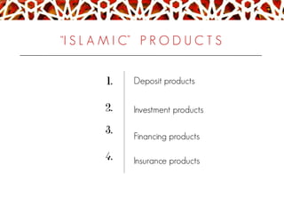 “I S L A M I C” P R O D U C T S
Deposit products1.
2.
3.
4.
Investment products
Financing products
Insurance products
 