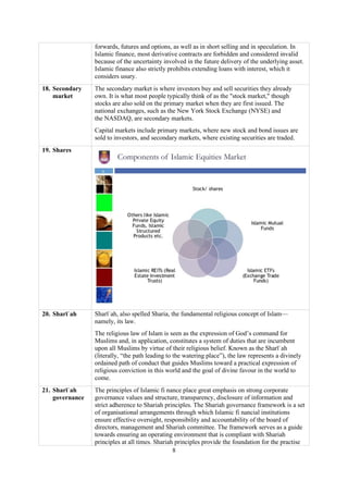 8
forwards, futures and options, as well as in short selling and in speculation. In
Islamic finance, most derivative contracts are forbidden and considered invalid
because of the uncertainty involved in the future delivery of the underlying asset.
Islamic finance also strictly prohibits extending loans with interest, which it
considers usury.
18. Secondary
market
The secondary market is where investors buy and sell securities they already
own. It is what most people typically think of as the "stock market," though
stocks are also sold on the primary market when they are first issued. The
national exchanges, such as the New York Stock Exchange (NYSE) and
the NASDAQ, are secondary markets.
Capital markets include primary markets, where new stock and bond issues are
sold to investors, and secondary markets, where existing securities are traded.
19. Shares
20. Sharīʿah Sharīʿah, also spelled Sharia, the fundamental religious concept of Islam—
namely, its law.
The religious law of Islam is seen as the expression of God’s command for
Muslims and, in application, constitutes a system of duties that are incumbent
upon all Muslims by virtue of their religious belief. Known as the Sharīʿah
(literally, “the path leading to the watering place”), the law represents a divinely
ordained path of conduct that guides Muslims toward a practical expression of
religious conviction in this world and the goal of divine favour in the world to
come.
21. Sharīʿah
governance
The principles of Islamic fi nance place great emphasis on strong corporate
governance values and structure, transparency, disclosure of information and
strict adherence to Shariah principles. The Shariah governance framework is a set
of organisational arrangements through which Islamic fi nancial institutions
ensure effective oversight, responsibility and accountability of the board of
directors, management and Shariah committee. The framework serves as a guide
towards ensuring an operating environment that is compliant with Shariah
principles at all times. Shariah principles provide the foundation for the practise
 