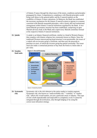 9
of Islamic fi nance through the observance of the tenets, conditions and principles
propagated by Islam. Comprehensive compliance with Shariah principles would
bring confi dence to the general public and the fi nancial markets on the
credibility of Islamic fi nance operations. In Malaysia, the Bank has established
the necessary mechanism for the Islamic fi nancial system to operate in a manner
consistent with Shariah muamalah principles, with a clearly defi ned institutional
arrangement within Islamic fi nancial institutions regulated by the Bank. A two-
tiered Shariah governance structure has been established, comprising an apex
Shariah advisory body at the Bank and a supervisory Shariah committee formed
at the respective Islamic fi nancial institutions.
22. Ṣukūk A sukuk is an Islamic financial certificate, similar to a bond in Western finance,
that complies with Islamic religious law commonly known as Sharia. Since the
traditional Western interest-paying bond structure is not permissible, the issuer of
a sukuk sells an investor group a certificate, and then uses the proceeds to
purchase an asset, of which the investor group has partial ownership. The issuer
must also make a contractual promise to buy back the bond at a future date at
par value.
23. Surplus
fund units
24. Systematic
risk
Systematic risk is the risk inherent to the entire market or market segment.
Systematic risk, also known as “undiversifiable risk,” “volatility” or “market
risk,” affects the overall market, not just a particular stock or industry. This type
of risk is both unpredictable and impossible to completely avoid. It cannot be
mitigated through diversification, only through hedging or by using the
correct asset allocation strategy.
 