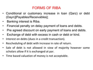 FORMS OF RIBA
• Conditional or customary increase in loan (Qarz) or debt
(Dayn)[Payables/Receivables];
• Banking interest is Riba.
• Financial penalty on delay payment of loans and debts.
• Pre agreed discount on early payment of loans and debts.
• Exchange of debt with excess in cash or debt or kind.
• Interest on debts (dues in a credit transaction).
• Rescheduling of debt with increase in rate of return.
• Sale of debt is not allowed in view of majority however some
scholars allow if it is exchanged at par.
• Time based valuation of money is not acceptable.
 