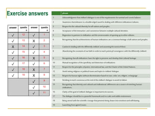Exercise answers
answer questio
n
answer questio
n
✓ 12 ✓ 1
✓ 13 X 2
X 14 ✓ 3
✓ 15 ✓ 4
✓ 16 X 5
✓ 17 ✓ 6
✓ 18 X 7
✓ 19 X 8
✓ 9
✓ 10
✓ 11
 