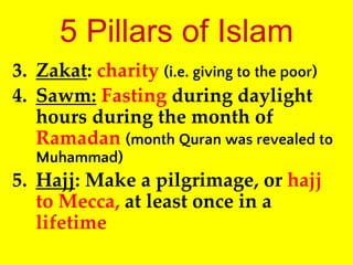 5 Pillars of Islam
3. Zakat: charity (i.e. giving to the poor)
4. Sawm: Fasting during daylight
hours during the month of
Ramadan (month Quran was revealed to
Muhammad)
5. Hajj: Make a pilgrimage, or hajj
to Mecca, at least once in a
lifetime
 