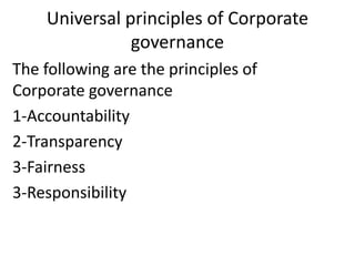 Universal principles of Corporate
governance
The following are the principles of
Corporate governance
1-Accountability
2-Transparency
3-Fairness
3-Responsibility
 
