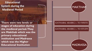 Educational
System during the
Medieval Period
There were two levels or
stages of education during
the medieval period.They
are Makthab which was the
primary educational
institution and Madrassa
which was the Higher
Educational Institution MADRASSA
MAKTHAB
KATHABA( ARABIC) = TO WRITE
KATHABA( ARABIC) = TO STUDY
 
