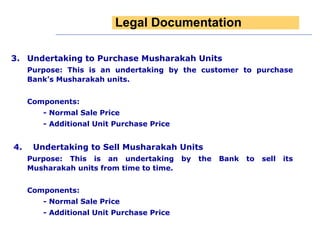 3. Undertaking to Purchase Musharakah Units   Purpose: This is an undertaking by the customer to purchase Bank’s Musharakah units.   Components:      - Normal Sale Price - Additional Unit Purchase Price   4.    Undertaking to Sell Musharakah Units   Purpose: This is an undertaking by the Bank to sell its Musharakah units from time to time.   Components:      - Normal Sale Price - Additional Unit Purchase Price Legal Documentation 