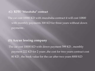 (C) KFH “Murabaha” contract
The car cost 10000 KD with murabaha contract it will cost 10800
with monthly payments 300 KD for three years without down
payments .

(D) Aayan lessing company
The car cost 10000 KD with down payment 599 KD , monthly
payment 222 KD for 2 years ,the cost for two years contract cost
80 KD , the book value for the car after two years 8000 KD

 