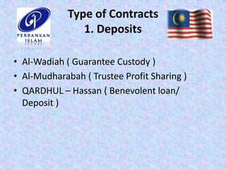 Type of Contracts
                1. Deposits

• Al-Wadiah ( Guarantee Custody )
• Al-Mudharabah ( Trustee Profit Sharing ...