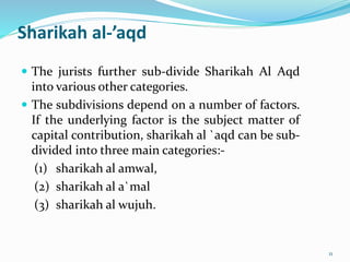 Sharikah al-’aqd
 The jurists further sub-divide Sharikah Al Aqd
into various other categories.
 The subdivisions depend on a number of factors.
If the underlying factor is the subject matter of
capital contribution, sharikah al `aqd can be sub-
divided into three main categories:-
(1) sharikah al amwal,
(2) sharikah al a`mal
(3) sharikah al wujuh.
11
 