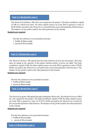 The Mudarib contributes 100 of his own capital into the project. The bank contributes capital
of 100 on a Mudaraba basis. No other capital sources are used. PLS is agreed at a ratio of
50/50. Proﬁts are paid to the Mudarib as a reward forthe successfuloperation ofthe business.
The balance of any proﬁt is paid to the other partner(s) in the scheme.
Students are required
Provide the solutions to two potential outcomes:
1. Proﬁts of 20are made
2. Losses of 20 aremade
The Mudarib borrows 100 capital from the bank which he invests into the project. This loan
must be repaid at the maturity of the project whether proﬁts or losses are made. The bank
contributes capital of 100. No other capital sources are used. PLS is agreed at a ratio of 50/50.
Proﬁts are paid to the Mudarib as a reward for the successful operation of the business. The
balance of any proﬁt is paid to the other partner(s) in the scheme.
Students are required
Provide the solutions to two potential outcomes:
3. Proﬁts of 20are made
4. Losses of 20are made
The Mudarib acquires 100capital through a third party Mudaraba.The Mudarib invests 100of
his own capital into the project. The bank contributes capital of 100. No other capital sources
are used. PLS is agreed at a ratio of 33/33/33. Proﬁts are paid to the Mudarib as a reward for
the successfuloperation ofthe business.The balance ofany proﬁt is paid to the otherpartner(s)
in the scheme.
Students are required
Provide the solutions to two potential outcomes:
5. Proﬁts of 30 aremade
6. Losses of 30 aremade
Task-5.1 Mudarbah case-1
Task-5.3 Mudarbah case-3
Task-5.2 Mudarbah case-2
Task-5.4 Mudarbah case-4
 