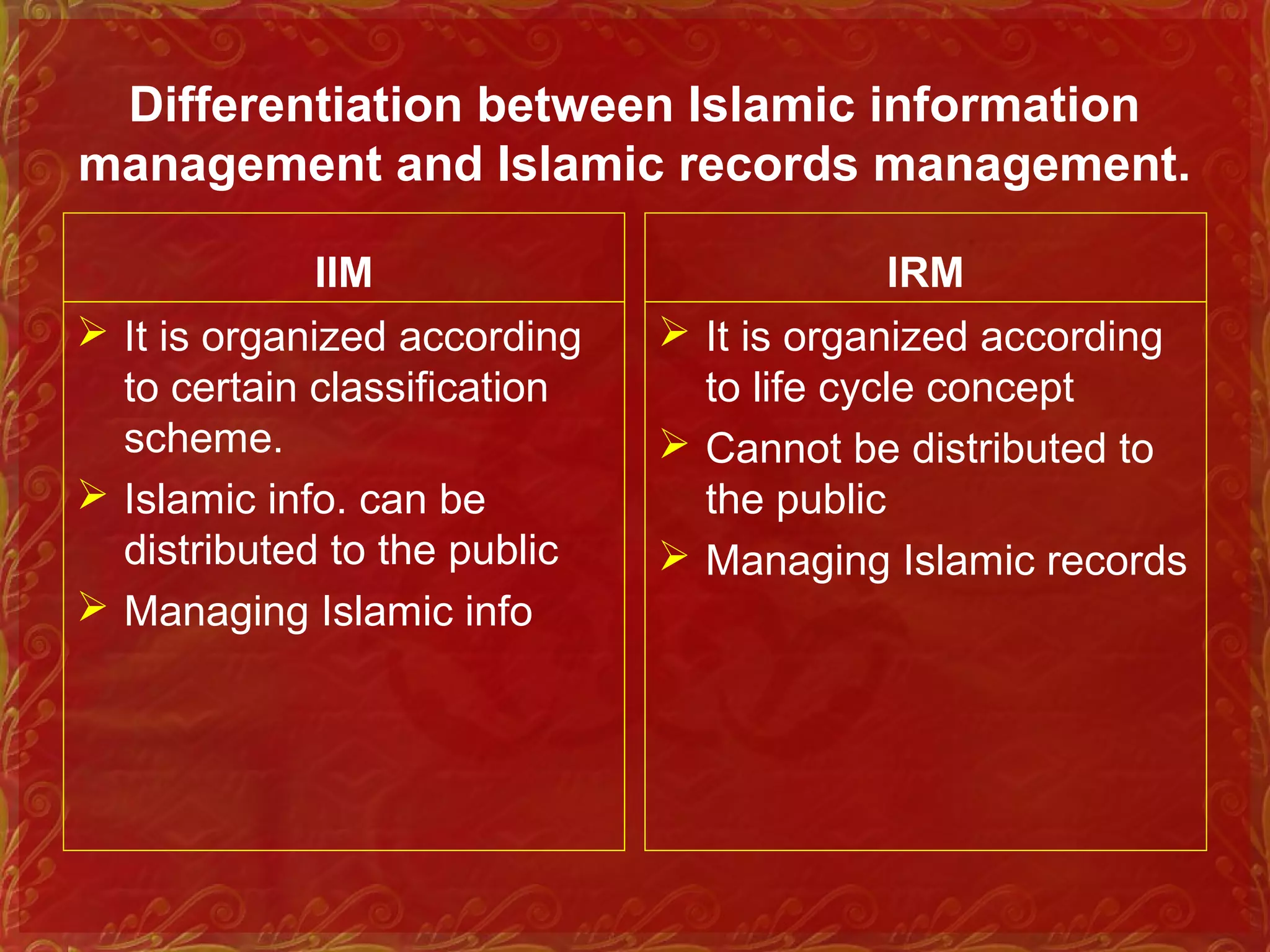 Differentiation between Islamic information
management and Islamic records management.
IIM
 It is organized according
to certain classification
scheme.
 Islamic info. can be
distributed to the public
 Managing Islamic info
IRM
 It is organized according
to life cycle concept
 Cannot be distributed to
the public
 Managing Islamic records
 