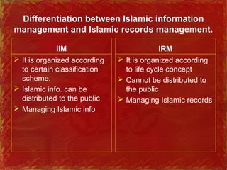 Differentiation between Islamic information
management and Islamic records management.
IIM
 It is organized according
to certain classification
scheme.
 Islamic info. can be
distributed to the public
 Managing Islamic info
IRM
 It is organized according
to life cycle concept
 Cannot be distributed to
the public
 Managing Islamic records
 