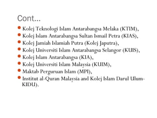 Cont…
•24
Kolej Teknologi Islam Antarabangsa Melaka (KTIM),
Kolej Islam Antarabangsa Sultan Ismail Petra (KIAS),
Kolej Jamiah Islamiah Putra (Kolej Japutra),
Kolej Universiti Islam Antarabangsa Selangor (KUIS),
Kolej Islam Antarabangsa (KIA),
Kolej Universiti Islam Malaysia (KUIM),
Maktab Perguruan Islam (MPI),
Institut al-Quran Malaysia and Kolej Islam Darul Ulum-
KIDU).
 