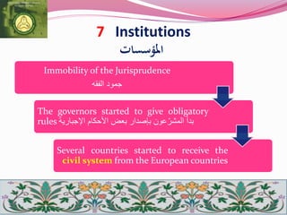 7 Institutions
‫املؤسسات‬
Immobility of the Jurisprudence
‫الفقه‬ ‫جمود‬
The governors started to give obligatory
rules ‫بدأ‬‫عون‬ّ‫المشر‬‫بإصدار‬‫بعض‬‫األحكام‬‫اإلجبارية‬
Several countries started to receive the
civil system from the European countries
 