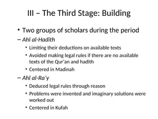 III – The Third Stage: Building
• Two groups of scholars during the period
– Ahl al-Hadith
• Limiting their deductions on available texts
• Avoided making legal rules if there are no available
texts of the Qur’an and hadith
• Centered in Madinah
– Ahl al-Ra’y
• Deduced legal rules through reason
• Problems were invented and imaginary solutions were
worked out
• Centered in Kufah
 