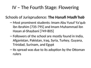 IV – The Fourth Stage: Flowering
Schools of Jurisprudence: The Hanafi Madh’hab
– Most prominent students: Imam Abu Yusuf Ya’qub
ibn Ibrahim [735-795] and Imam Muhammad ibn
Hasan al-Shaybani [749-805]
– Followers of the school are mostly found in India,
Afganistan, Pakistan, Iraq, Syria, Turkey, Guyana,
Trinidad, Surinam, and Egypt
– Its spread was due to its adoption by the Ottoman
rulers
 