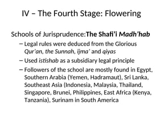 IV – The Fourth Stage: Flowering
Schools of Jurisprudence:The Shafi’i Madh’hab
– Legal rules were deduced from the Glorious
Qur’an, the Sunnah, ijma’ and qiyas
– Used istishab as a subsidiary legal principle
– Followers of the school are mostly found in Egypt,
Southern Arabia (Yemen, Hadramaut), Sri Lanka,
Southeast Asia (Indonesia, Malaysia, Thailand,
Singapore, Brunei, Philippines, East Africa (Kenya,
Tanzania), Surinam in South America
 