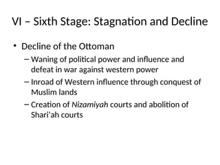 VI – Sixth Stage: Stagnation and Decline
• Decline of the Ottoman
– Waning of political power and influence and
defeat in war against western power
– Inroad of Western influence through conquest of
Muslim lands
– Creation of Nizamiyah courts and abolition of
Shari’ah courts
 