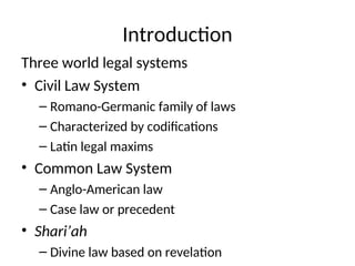 Introduction
Three world legal systems
• Civil Law System
– Romano-Germanic family of laws
– Characterized by codifications
– Latin legal maxims
• Common Law System
– Anglo-American law
– Case law or precedent
• Shari’ah
– Divine law based on revelation
 