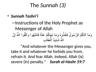The Sunnah (3)
• Sunnah Tashri’i
–Instructions of the Holy Prophet as
Messenger of Allah
َّ
‫ن‬ِ‫إ‬ َ‫هَّلل‬‫ا‬ ‫وا‬ُ
‫ق‬َّ
‫ات‬َ
‫و‬ ‫وا‬ُ
‫ه‬َ
‫ت‬‫ان‬َ
‫ف‬ ُ
‫ه‬ْ‫ن‬َ
‫ع‬ ْ
‫م‬ُ
‫ك‬‫ا‬َ
‫ه‬َ
‫ن‬ ‫ا‬َ
‫م‬َ
‫و‬ ُ
‫ه‬‫و‬ُ
‫ذ‬ُ
‫خ‬َ
‫ف‬ ُ
‫ول‬ُ
‫س‬َّ
‫الر‬ ُ
‫م‬ُ
‫ك‬‫ا‬َ
‫ت‬‫آ‬ ‫ا‬َ
‫م‬َ
‫و‬
ِ
‫اب‬َ
‫ق‬ِ
‫ع‬ْ‫ال‬ ُ
‫د‬‫ِي‬
‫د‬َ
‫ش‬ َ‫هَّلل‬‫ا‬
“And whatever the Messenger gives you,
take it and whatever he forbids you from,
refrain it. And fear Allah. Indeed, Allah (is)
severe (in) penalty.” Surah al-Hashr 59:7
 
