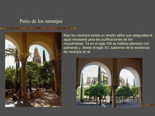 EL PATIO DE LOS NARANJOS Bajo   los naranjos existe un amplio aljibe que aseguraba el agua necesaria para las purificaciones de los musulmanes.  Ya en el siglo XIII se hallaba plantado con palmeras y, desde el siglo XV, sabemos de la existencia de naranjos en él.  Patio de los naranjos 