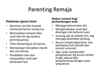 Parenting Remaja
Pedoman ajaran Islam
• Meminta izin bila hendak
memasuki kamar orang tua.
• Memisahkan tempat tidur
anak laki-laki dg saudara
perempuannya.
• Tidur berbaring ke sisi kanan.
• Mempelajari kewajiban mandi
dan sunnahnya.
• Pendidikan seks dan
menjauhkan anak dari
perbuatan keji.
Makna rasional bagi
perkembangan anak
• Menjaga kehormatan diri.
• Menghindarkan anak dari
dorongan utk berbuat inses.
• Jantung ada di sebelah kiri, shg
menjaga kesehatan jantung.
• Aturan terkait kebersihan dan
kesehatan fisik lahiriah dan
mental ruhaniah.
• Agar anak memperoleh
pengetahuan ttg aturan terkait
fungsi seksual dan
penyalurannya dengan jalan
yang benar.
 