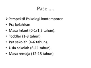 Pase…..
Perspektif Psikologi kontemporer
• Pra kelahiran
• Masa Infant (0-1/1,5 tahun).
• Toddler (1-3 tahun).
• Pra sekolah (4-6 tahun).
• Usia sekolah (6-11 tahun).
• Masa remaja (12-18 tahun).
 