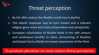 Threat perception
1. By the 18th century the Muslim world was in decline
2. The Islamic response was to turn inward and a tolerant
religion grew more and more conservative and xenophobic
3. European colonization of Muslim lands in the 19th century
and continuous hostility to Islam, demonizing of Muslims
and biased Govts./Media increased resentment of the West
To promote pluralism we must reduce threat perception
 