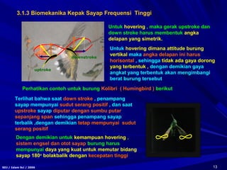 13SDJ / Islam Sci / 2006
Untuk hovering , maka gerak upstroke dan
down stroke harus membentuk angka
delapan yang simetrik.
Untuk hovering dimana attitude burung
vertikal maka angka delapan ini harus
horisontal , sehingga tidak ada gaya dorong
yang terbentuk , dengan demikian gaya
angkat yang terbentuk akan mengimbangi
berat burung tersebut
Perhatikan contoh untuk burung Kolibri ( Humingbird ) berikut
Terlihat bahwa saat down stroke , penampang
sayap mempunyai sudut serang positif , dan saat
upstroke sayap diputar dengan sumbu putar
sepanjang span sehingga penampang sayap
terbalik ,dengan demikian tetap mempunyai sudut
serang positif
Dengan demikian untuk kemampuan hovering ,
sistem engsel dan otot sayap burung harus
mempunyai daya yang kuat untuk memutar bidang
sayap 180o
bolakbalik dengan kecepatan tinggi
downstroke
uptroke
3.1.3 Biomekanika Kepak Sayap Frequensi Tinggi
 