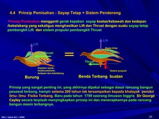 25SDJ / Islam Sci / 2006
Prinsip Pemisahan mengganti gerak kepakan sayap keatas/kebawah dan kedepan
/kebelakang yang sekaligus menghasilkan Lift dan Thrust dengan suatu sayap tetap
pembangkit Lift dan sistem propulsi pembangkit Thrust
Prinsip yang sangat penting ini, yang akhirnya dipakai sebagai dasar rancang bangun
pesawat terbang, hampir selama 200 tahun tak tersampaikan kepada khalayak pemikir
ilmu- ilmu Fisika Terbang. Baru pada tahun 1799 seorang ilmuwan Inggris Sir George
Cayley secara terpisah menyingkapkan prinsip ini dan menerapkannya pada rancang
bangun mesin terbangnya.
Burung
Kepakan sayap :
Keatas,kebawah,
kedepan dan kebelakang
Lift
Benda Terbang buatan
Lift
Thrust
Sayap tetap
Sistem propulsi
Thrust
4.4 Prinsip Pemisahan : Sayap Tetap + Sistem Pendorong
 