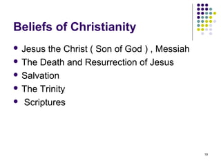 Beliefs of Christianity
 Jesus the Christ ( Son of God ) , Messiah
 The Death and Resurrection of Jesus

 Salvation

 The Trinity

 Scriptures




                                              19
 