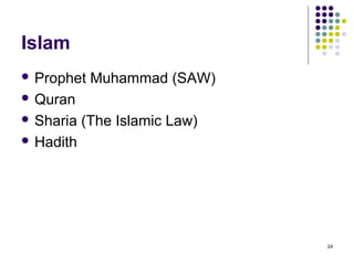 Islam
 Prophet   Muhammad (SAW)
 Quran

 Sharia   (The Islamic Law)
 Hadith




                               24
 