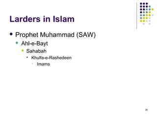 Larders in Islam
 Prophet       Muhammad (SAW)
    Ahl-e-Bayt
        Sahabah
            Khulfa-e-Rashedeen
              Imams




                                  26
 