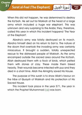 Chapter
3 1 � ··s·a·t:�f.�lFi�r·{The:�eleplii�)�·�; . .
Page
143
.;__ --
When this did not happen, he was determined to destroy
the Ka'bah. He set out for Makkah at the head of a large
army which included a huge war elephant. This was
unknown and very surprising to the Arabs; they, therefore,
called this year in which this incident happend 'The Year
of the Elephant'.
Abraha's army was totally destroyed on its march.
Abraha himself died on his return to San'a. The nature of
the doom that overtook the invading army was certainly
miraculous. It brought a sudden, totally unexpected
rescue to the distressed people of Makkah. As the army
encamped outside the sacred area around the Ka'bah,
Allah destroyed them with a flock of birds, which pelted
them with stones of clay. These made them bleed
heavily. Their wounds became infected with pus and they
died in a short time. Allah the Almighty saved His House.
The purpose of this surah is to show Allah's favour on
the tribe of Quaysh of Makkah and His protection of His
Sacred House.
This incident took place in the year 57 1 , the year in
which the Prophet Muhammad ( �) was born.
 