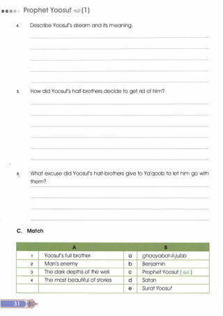 • .a • • Prophet Voosuf �� (1 )
4. Describe Yoosuf's dream and its meaning.
s. How did Yoosuf's half-brothers decide to get rid of him?
s. What excuse did Yoosuf's half-brothers give to Ya'qoob to let him go with
them?
C. Match
A B
1 Yoosuf's full brother a ghaayabat-il-jubb
2 Man's enemy b Benjamin
3 The dark depths of the well c Prophet Yoosuf ( �� )
4 The most beautiful of stories d . Satan
e Surat Yoosuf
 