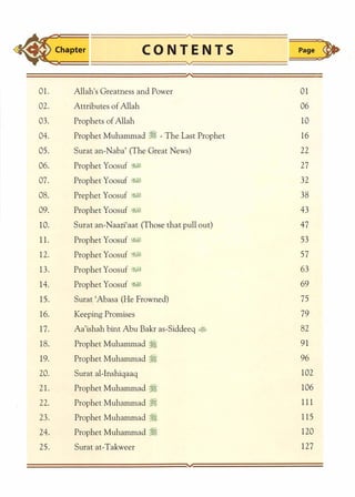 Chapter Page,
01. Allah's Greatness and Power 01
02. Attributes of Allah 06
03. Prophets of Allah 10
04. Prophet Muhammad�� The Last Prophet 16
OS. Surat an�Naba' (The Great News) 22
06. Prophet Yoosuf �� 27
07. Prophet Yoosuf �� 32
08. Prephet Yoosuf �� 38
09. Prophet Yoosuf �� 43
10. Surat an�Naazi'aat (Those that pull out) 47
11. Prophet Yoosuf �� 53
12. Prophet Yoosuf �� 57
13. Prophet Yoosuf �� 63
14. Prophet Yoosuf �� 69
15. Surat 'Abasa (He Frowned) 75
16. Keeping Promises 79
17. Aa'ishah bint Abu Bakr as�Siddeeq � 82
18. Prophet Muhammad� 91
19. Prophet Muhammad� 96
20. Surat al�lnshiqaaq 102
21. Prophet Muhammad� 106
22. Prophet Muhammad·� 111
23. Prophet Muhammad� 115
24. Prophet Muhammad� 120
25. Surat at�Takweer 127
 