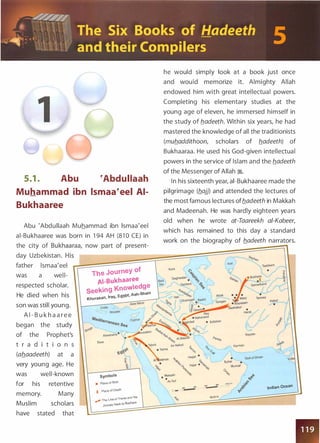 1
5.1 . Abu �Abdullaah
Muhammad ibn lsmaa�eel AI­
Bukhaaree
Abu 'Abdullaah Muhammad ibn lsmaa'eel
ai-Bukhaaree was born in 1 94 AH (81 0 CE) in
he would simply look at a book just once
and would memorize it. Almighty Allah
endowed him with great intellectual powers.
Completing his elementary studies at the
young age of eleven, he immersed himself in
the study of b_adeeth. Within six years, he had
mastered the knowledge of all the traditionists
(mub_addithoon, scholars of b_adeeth) of
Bukhaaraa. He used his God-given intellectual
powers in the service of Islam and the b_adeeth
of the Messenger of Allah �-
In his sixteenth year, ai-Bukhaaree made the
pilgrimage (flajj) and attended the lectures of
the most famous lectures ofb_adeeth in Makkah
and Madeenah. He was hardly eighteen years
old when he wrote at-Taareekh ai-Kabeer,
which has remained to this day a standard
work on the biography of b_adeeth narrators.
the city of Bukhaar
:
:
a
:,
�
n
:
o
:
w
�
p
:
a
:
r
�
t
�
o
:
f
�
p
:
re
:
s
:
e
;
n
:t
�
-
���������
�
���������day Uzbekistan. His
father lsmaa'eel
The Journey of
was a wei i-
respected scholar.
He died when his
son was still young.
A I - B u k h a a r e e
began the study
of the Prophet's
t r a d i t i o n s
(ab_aadeeth) at a
very young age. He
was well-known
for his retentive
memory. Many
Muslim scholars
have stated that
AI-Bukhaaree
Seeking Knowledge
t Ash-Sham
Khorasan, Iraq, EgYP •
Siwa
symbols
• Place of Birth
X Place of Death
T vel and the
.,.J- The Line of ra
Journey bacK to Buk.hara
,.--v
Sejstan
�
�.. Pe�
Kerman � S'j0"' _../
'?q"' <>'.;,4" '� �'Hagar •, � e, Gulf of oman
<2::1 dia
AI adinah ""7�"'c5!
r:. ..___
• �� c))<?;: Suhar •
�··
�..o Hajar • <>'"'>;: Muscat
""'"' Ma��ah
""-''(, .,1 0"'"''>
•
•At-Tail
i ""
� -:.,.....: "'"l"" Indian Ocean
Muhra
 