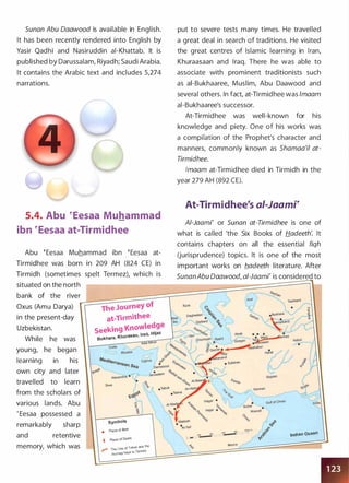 Sunan Abu Daawood is available in English.
It has been recently rendered into English by
Yasir Qadhi and Nasiruddin ai-Khattab. It is
published by Darussalam, Riyadh; Saudi Arabia.
It contains the Arabic text and includes 5,274
narrations.
5.4. Abu �Eesaa Muhammad
ibn �Eesaa at-Tirmidhee
Abu tEesaa Muhammad ibn tEesaa at­
Tirmidhee was born in 209 AH (824 CE) in
Tirmidh (sometimes spelt Termez), which is
put to severe tests many times. He travelled
a great deal in search of traditions. He visited
the great centres of Islamic learning in Iran,
Khuraasaan and Iraq. There he was able to
associate with prominent traditionists such
as ai-Bukhaaree, Muslim, Abu Daawood and
several others. In fact, at-Tirmidhee was lmaam
ai-Bukhaaree's successor.
At-Tirmidhee was well-known for his
knowledge and piety. One of his works was
a compilation of the Prophet's character and
manners, commonly known as Shamaa'i/ at­
Tirmidhee.
lmaam at-Tirmidhee died in Tirmidh in the
year 279 AH (892 CE).
At-Tirmidhee's ai-Jaamr
A/-Jaami' or Sunan at-Tirmidhee is one of
what is called 'the Six Books of Hadeeth: It
contains chapters on all the essential fiqh
(jurisprudence) topics. It is one of the most
important works on b_adeeth literature. After
SunanAbu Doawood, at-Jaami' is considered to
situated on the north
=
===========:=.:;=�==
�
==
'=.':=�'J���
==
��==���bank of the river
--:::Oxus (Amu Darya) The Journey of Kura
in the present-day
Uzbekistan.
While he was
young, he began
learning in his
own city and later
travelled to learn
from the scholars of
various lands. Abu
' Eesaa possessed a
remarkably sharp
and retentive
memory, which was
at-Tirrnithee
Seeking Knowe�·
g
z
e
Khorasan, Iraq, 'Ia
Bukhara,
Swa
symbols
• Place of Birth
l( Place of Death
..,.,.. The Une of Travel and the
Journey back to Termez
Indian ocean
Muhra
 