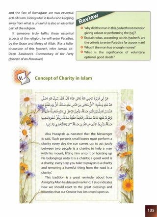 and the fast of RamaQ_aan are two essential
acts of Islam. Doing what is lawful and keeping
away from what is unlawful is also an essential
part of the religion.
If someone truly fulfils these essential
aspects of the religion, he will enter Paradise,
by the Grace and Mercy of Allah. (For a fuller
discussion of this b_adeeth, refer Jamaal ad­
Deen Zarabozo's Commentary of the Forty
Hadeeth ofan-Nawawee)
Why did the man in this b._adeeth not mention
giving zakaat or performing the b_ajj?
Explain what, according to this b_adeeth, are
the criteria to enter Paradise for a poor man?
What if the man has enough money?
What is the significance of voluntary/
optional good deeds?
Concept of Charity in Islam
, .... .
.. · - ...
.
..
.
"'
..
.
.
..
..
.
.
.
""'
0 J. � , ..,.,. / J. -:: J ""' 0 ..,, ....
/
""' ,..
'+.��;�P �j ,;,;� ;;�WI �lj ,;,;� �8 ij;le � C!:J
"" 0 ..,,. ,. � ........... o , ' ,....
(�j '-?��� :1j�) ".;,;� 0)aJI :_;. '-'��� �j ,;,;:L.;,
� �
Abu Hurayrah � narrated that the Messenger
:i said, 'Each person's small bones must perform a
charity every day the sun comes up: to act justly
between two people is a charity; to help a man
with his mount, lifting him onto it or hoisting up
his belongings onto it is a charity; a good word is
a charity; every step you take to prayers is a charity
and removing a harmful thing from the road is a
charity:
This tradition is a great reminder about how
AlmightyAllah has blessed mankind. It also indicates
how we should react to the great blessings and
,.-.r7LJLinties that our Creator has bestowed upon us.
• • t • ...... ...... ... ..... . �· .. . . . ... . ... ...-.....-. • • •.. • ... .. ...... .. • ..• • • ......... • •• • • • .... • .. •
..
..
.
.
.
.
.
.
.
 