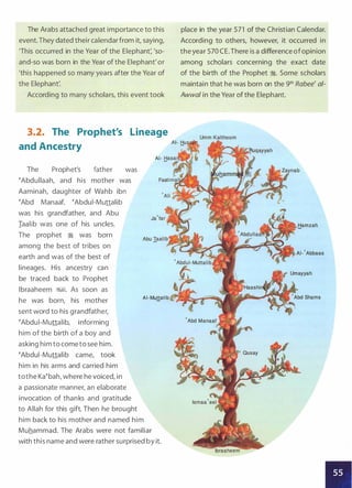 The Arabs attached great importance to this
event.They dated their calendar from it saying,
'This occurred in the Year of the Elephant: 'so­
and-so was born in the Year of the Elephant' or
'this happened so many years after the Year of
the Elephant'.
According to many scholars, this event took
3.2. The Prophet's Lineage
and Ancestry
The Prophet's father was
�Abdullaah, and his mother was
Aaminah, daughter of Wahb ibn
�Abd Manaaf. �Abdui-Muttalib
was his grandfather, and Abu
Iaalib was one of his uncles.
The prophet � was born
among the best of tribes on
earth and was of the best of
lineages. His ancestry can
be traced back to Prophet
lbraaheem �. As soon as
AI-
he was born, his mother AI-Mu!!alib
sent word to his grandfather,
�Abdui-Muttalib, informing
him of the birth of a boy and
asking him to cometo see him.
�Abdui-Muttalib came, took
him in his arms and carried him
tothe Ka�bah, where he voiced, in
a passionate manner, an elaborate
invocation of thanks and gratitude
to Allah for this gift. Then he brought
him back to his mother and named him
Muhammad. The Arabs were not familiar
with this name and were rather surprised by it.
place in the year 571 of the Christian Calendar.
According to others, however, it occurred in
the year 570 CE.There is a difference ofopinion
among scholars concerning the exact date
of the birth of the Prophet :l. Some scholars
maintain that he was born on the gth Rabee' ai­
Awwal in the Year of the Elephant.
 