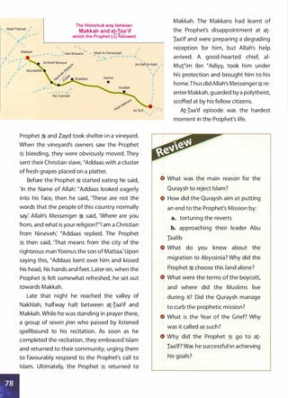 , - . .....- - -.J. ...
'Ain Zabidah
The Historical way between
Makkah and at-Taa'if
which the Prophet (:i)followed
•· - -
At-Ta'iL , '
-
••
' -t
Prophet :i and Zayd took shelter i n a vineyard.
When the vineyard's owners saw the Prophet
:i bleeding, they were obviously moved. They
sent their Christian slave, �Addaas with a cluster
of fresh grapes placed on a platter.
Before the Prophet � started eating he said,
'In the Name of Allah: �Addaas looked eagerly
into his face, then he said, 'These are not the
words that the people of this country normally
say: Allah's Messenger :i said, 'Where are you
from, and what is your religion?"! am a Christian
from Nineveh; �Addaas replied. The Prophet
:i then said, 'That means from the city of the
righteous man Yoonus the son of Mattaa: Upon
saying this, �Addaas bent over him and kissed
his head, his hands and feet. Later on, when the
Prophet :i felt somewhat refreshed, he set out
towards Makkah.
Late that night he reached the valley of
Nakhlah, halfway halt between a1-Iaa'if and
Makkah. While he was standing in prayer there,
a group of seven jinn who passed by listened
spellbound to his recitation. As soon as he
completed the recitation, they embraced Islam
and returned to their community, urging them
to favourably respond to the Prophet's call to
Islam. Ultimately, the Prophet :i returned to
Makkah. The Makkans had learnt of
the Prophet's disappointment at a1-
Iaa'if and were preparing a degrading
reception for him, but Allah's help
arrived. A good-hearted chief, ai­
Mufim ibn �Adiyy, took him under
his protection and brought him to his
home.Thus did Allah's Messenger::i re­
enter Makkah, guarded by a polytheist,
scoffed at by his fellow citizens.
A1-Iaa'if episode was the hardest
moment in the Prophet's life.
What was the main reason for the
Quraysh to reject Islam?
How did the Quraysh aim at putting
an end to the Prophet's Mission by:
a. torturing the reverts
b. approaching their leader Abu
Iaalib
What do you know about the
migration to Abyssinia? Why did the
Prophet ::i choose this land alone?
What were the terms of the boycott,
and where did the Muslims live
during it? Did the Quraysh manage
to curb the prophetic mission?
What is the Year of the Grief? Why
was it called as such?
Why did the Prophet :i go to a1-
Iaa'if? Was he successful in achieving
his goals?
 