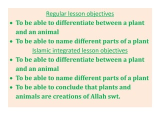 Regular lesson objectives
 To be able to differentiate between a plant
and an animal
 To be able to name different parts of a plant
Islamic integrated lesson objectives
 To be able to differentiate between a plant
and an animal
 To be able to name different parts of a plant
 To be able to conclude that plants and
animals are creations of Allah swt.
 