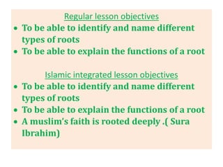 Regular lesson objectives
 To be able to identify and name different
types of roots
 To be able to explain the functions of a root
Islamic integrated lesson objectives
 To be able to identify and name different
types of roots
 To be able to explain the functions of a root
 A muslim’s faith is rooted deeply .( Sura
Ibrahim)
 