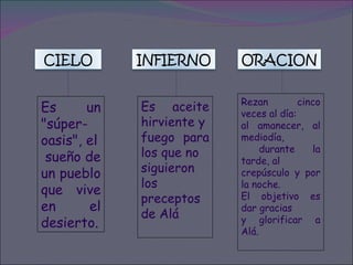 Rezan cinco veces al día: al amanecer, al mediodía, durante la tarde, al  crepúsculo y por la noche. El objetivo es dar gracias y glorificar a Alá.  Es aceite hirviente y  fuego para los que no siguieron los preceptos  de Alá Es un "súper-oasis", el sueño de un pueblo  que vive en el desierto. CIELO INFIERNO ORACION 